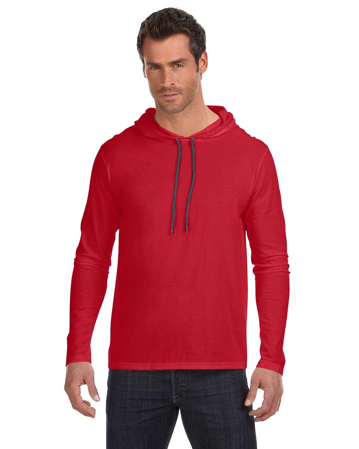 Anvil 987 - Lightweight Long Sleeve Hooded T-Shirt, Red/ Dark Grey, M