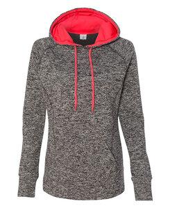 J. America 8616 - Ladies' Cosmic Poly Contrast Hooded Pullover Sweatshirt Charcoal Fleck/ Fire Coral