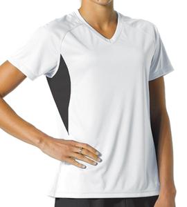 A4 NW3223 - Ladies Color Block Performance V-Neck Shirt Scarlet/White